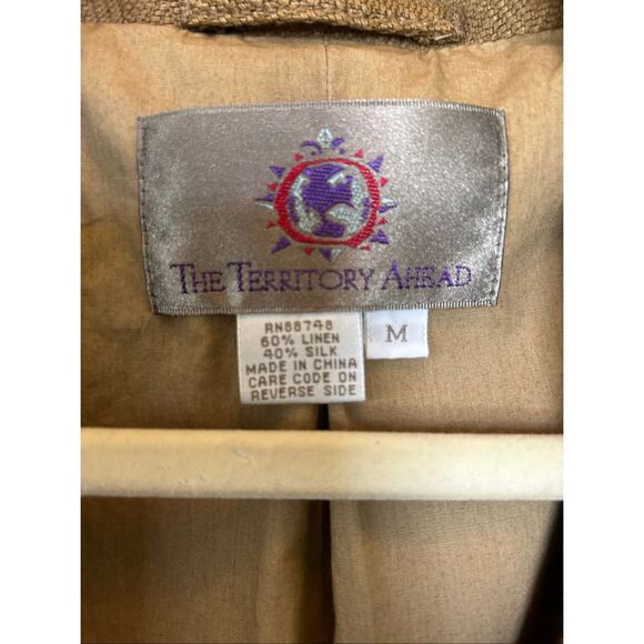 The Territory Ahead Linen Silk Herringbone Blazer Women’s Tan 3 Button Classic M - Picture 3 of 11